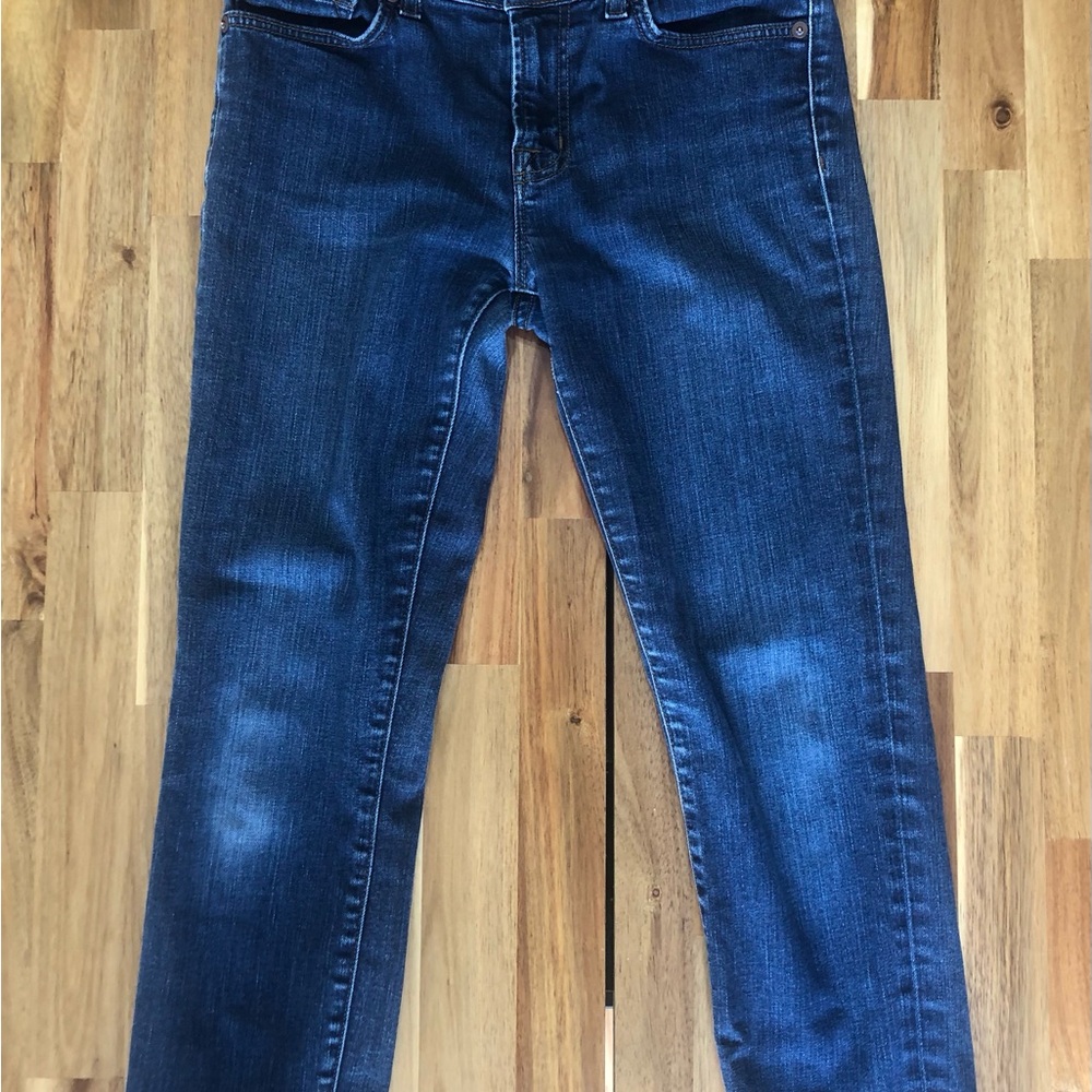 J Brand Dark Indigo Jeans with Tan Stitching